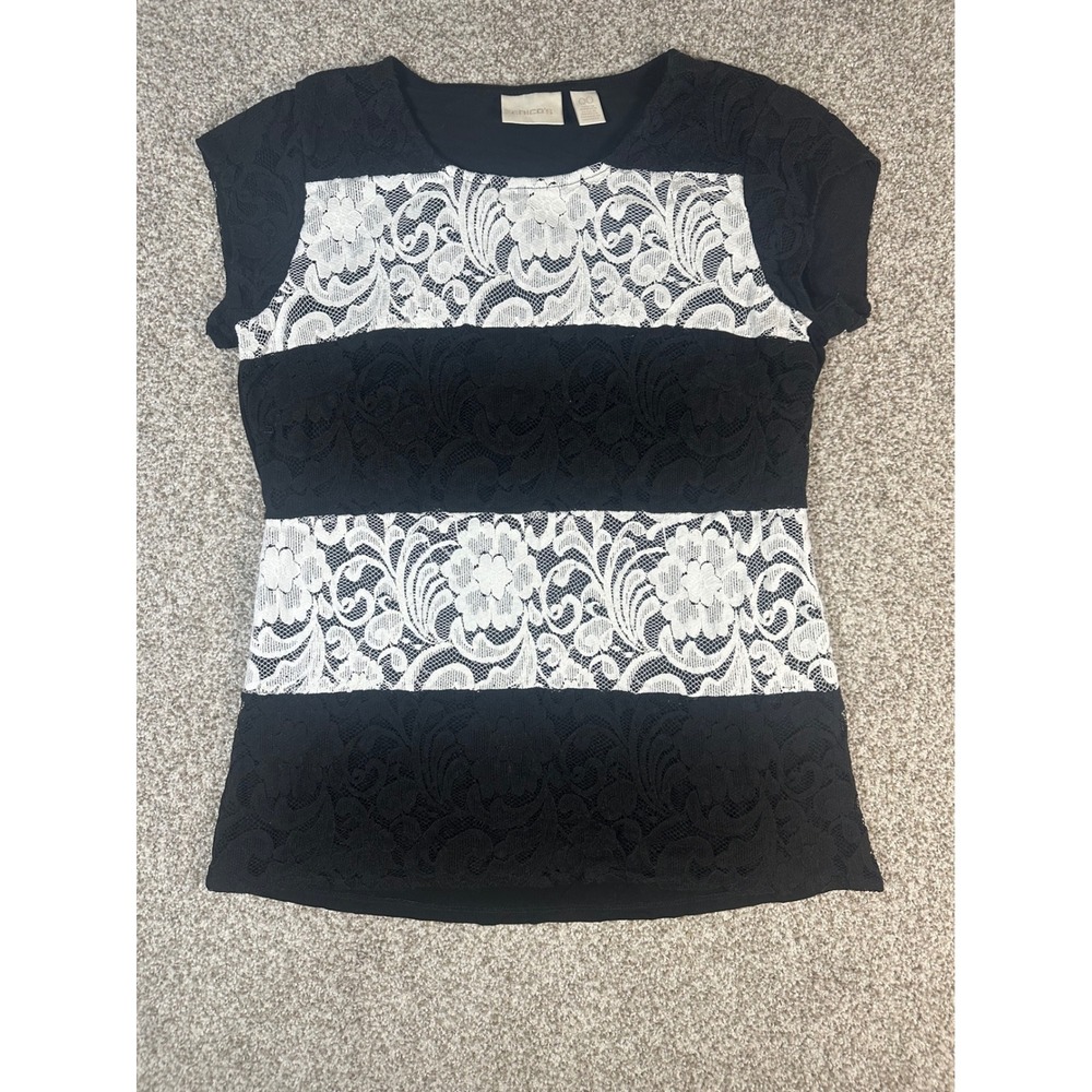 Chicos Black White Floral Lace Colorblock Top Short Sleeve Size 00 XS